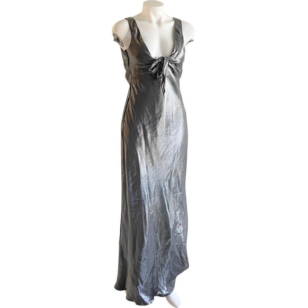 Vintage De Laru by Sheila Yen Metallic Silver Tie Front Maxi Dress Size 7/8 or 6